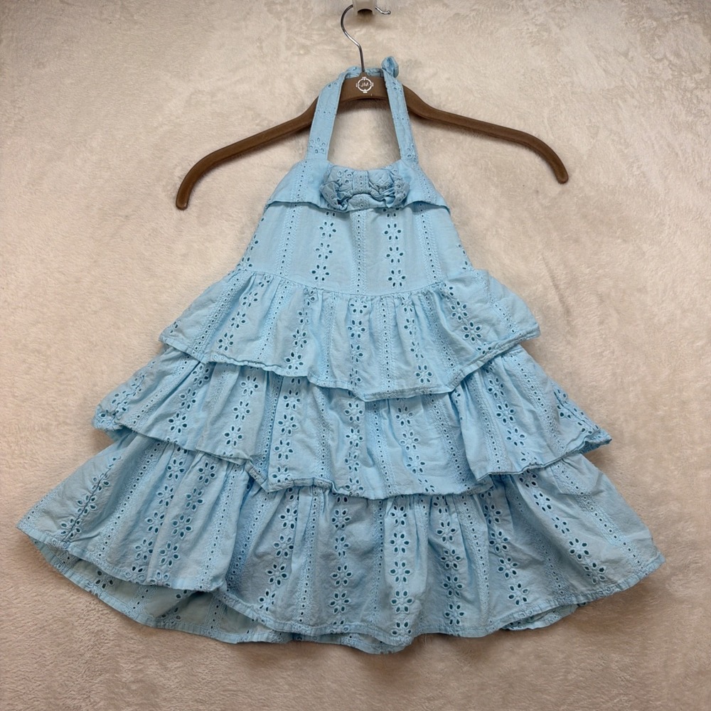 Janie and Jack Eyelet Dress Girl 3T Blue Tiered Ruffle Sundress Spring Party